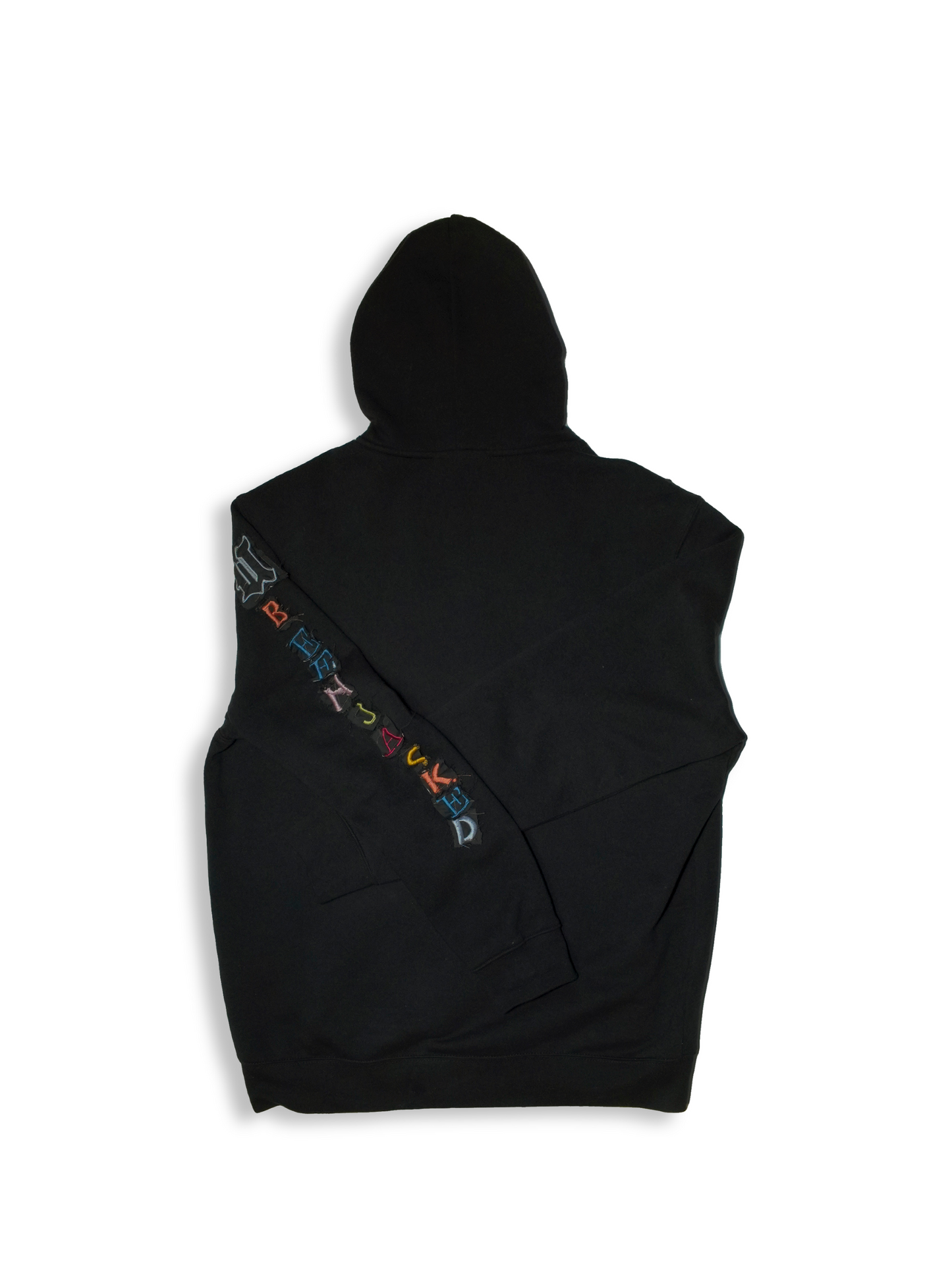 Black Patchwork Zip Up Hoodie Flat Lay Back View