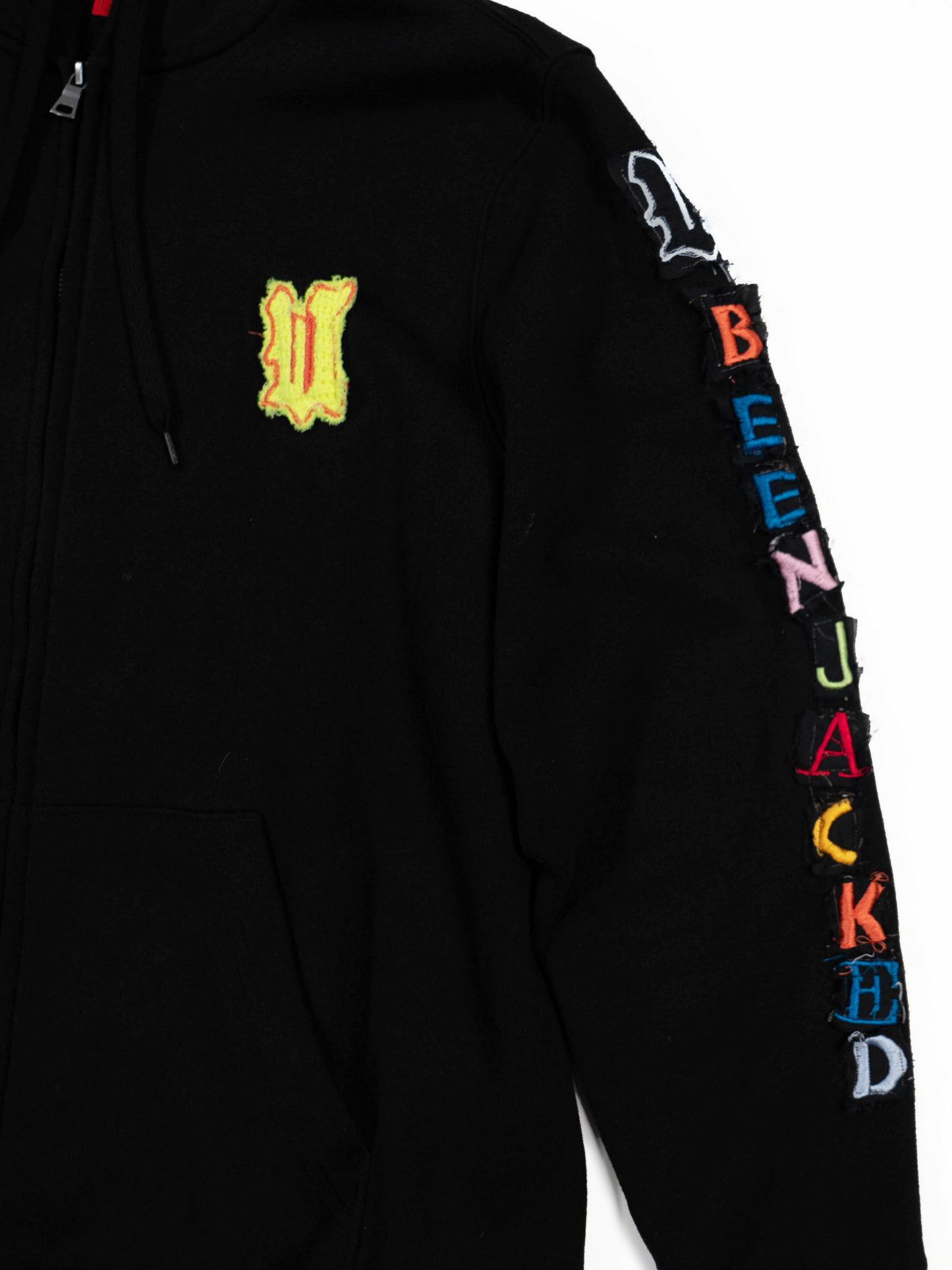 Black Patchwork Zip Up Hoodie Flat Lay Close Up