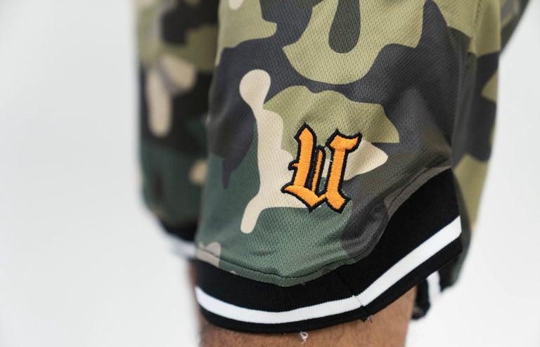 Close up UBJ logo embroidered camo basketball shorts