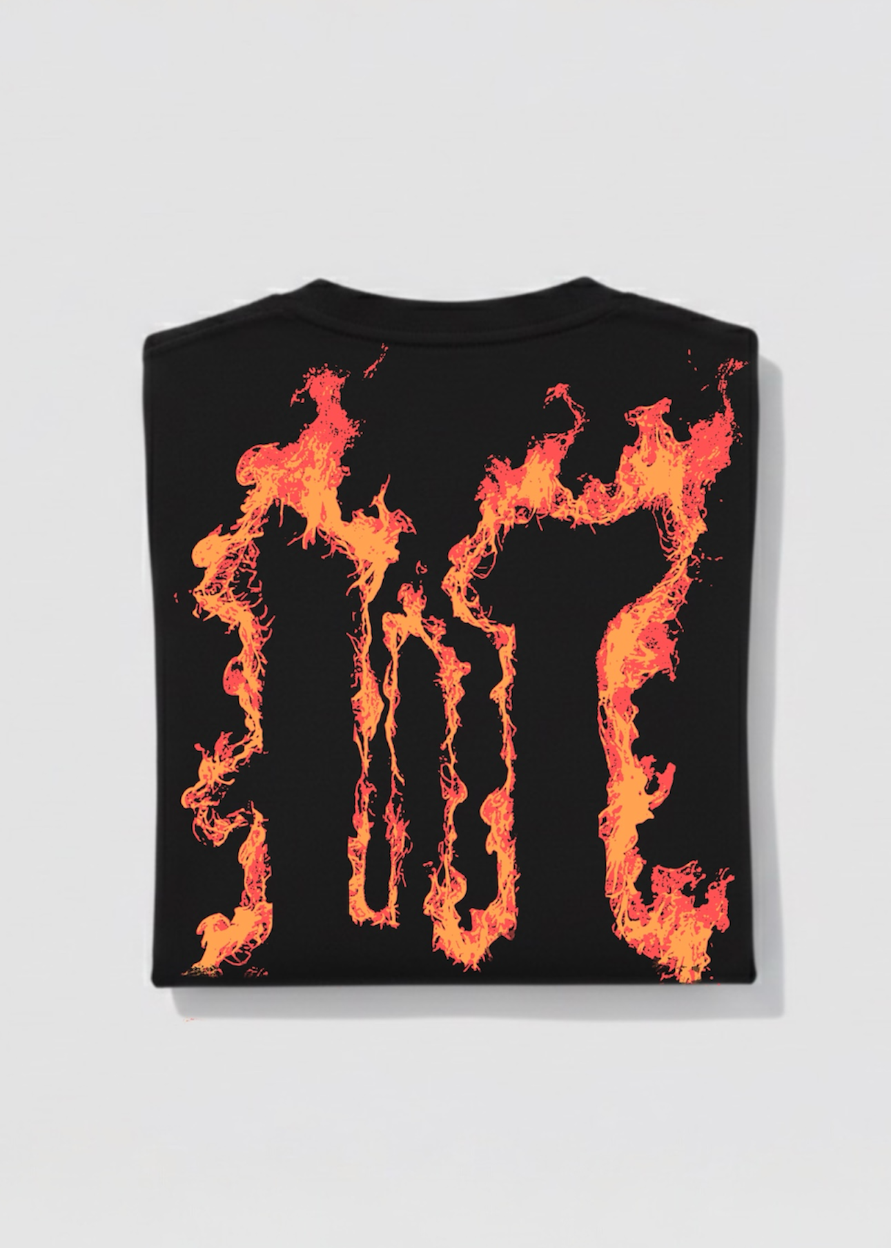 Black t-shirt with fiery design on a white background