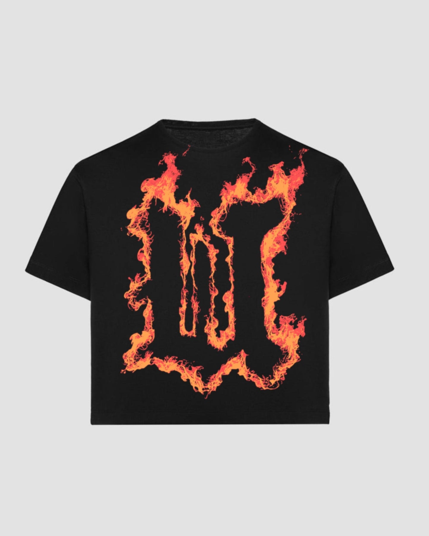 Black t-shirt with fiery graphic design on a light gray background