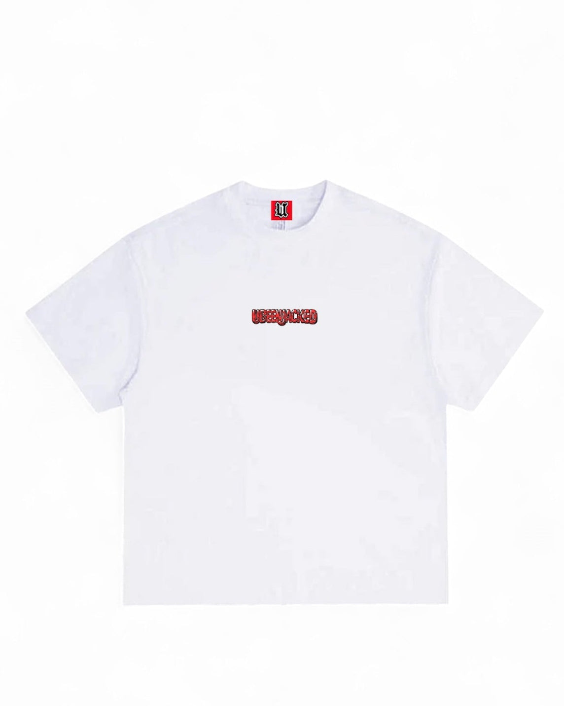 White t-shirt with a red and black logo on a white background