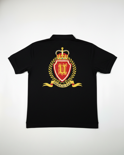 Black polo shirt with a red and gold emblem on the back against a white background