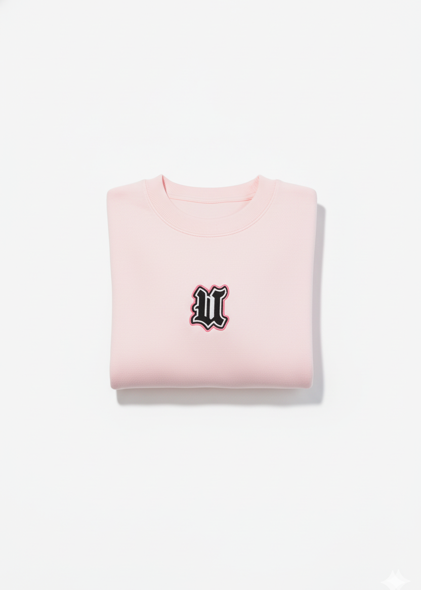 Pink sweatshirt with a logo on a white background