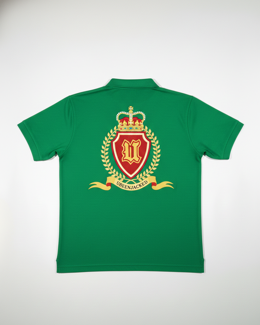 Green polo shirt with a crest on the back against a white background