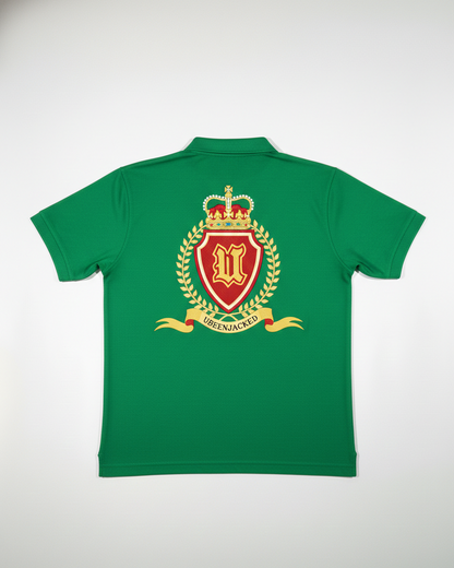 Green polo shirt with a crest on the back against a white background