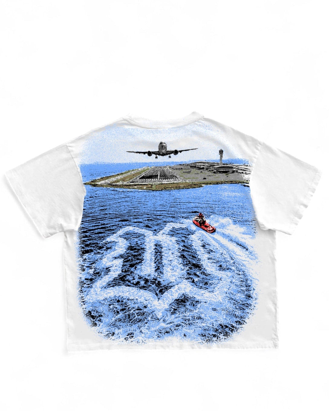 White t-shirt with a graphic design of an aircraft carrier and airplane on a white background