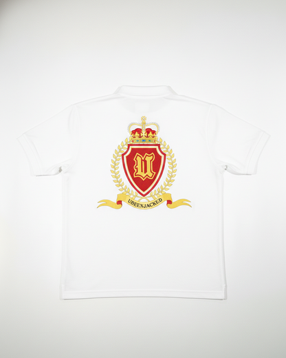 White polo with a red and gold emblem on a white background