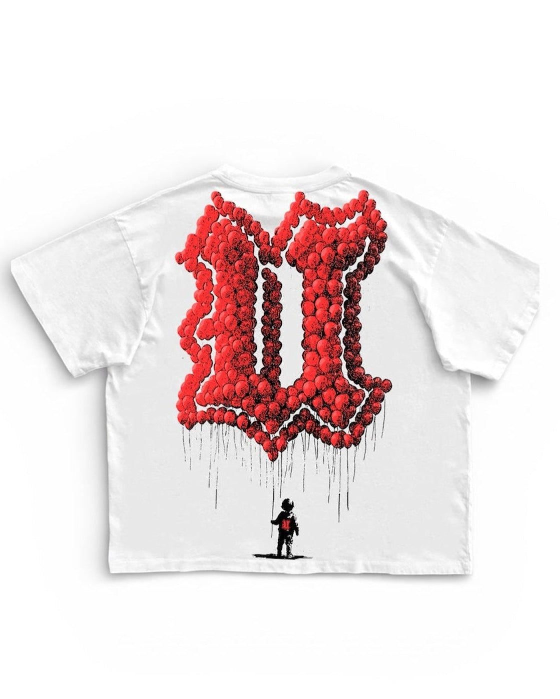 White t-shirt with a red graphic design on the back against a white background