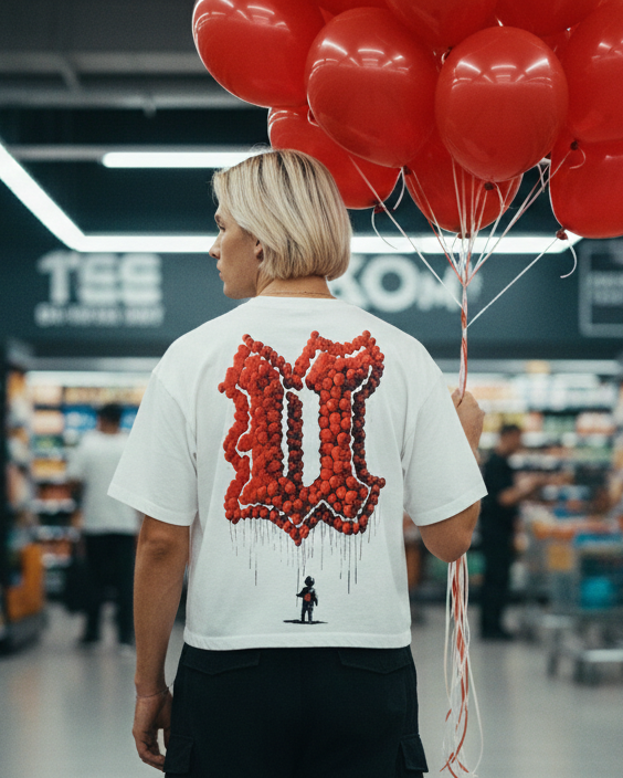Person holding red balloons in a supermarket aisle