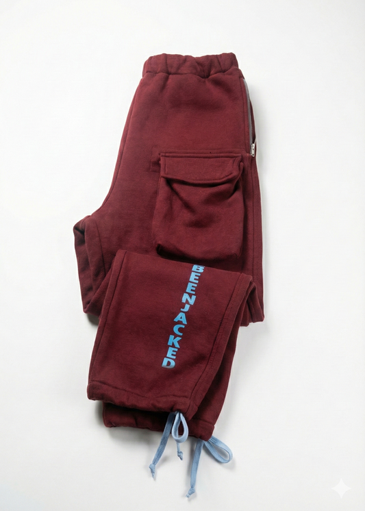Maroon cargo pants with 'BEENACKED' branding on a white background