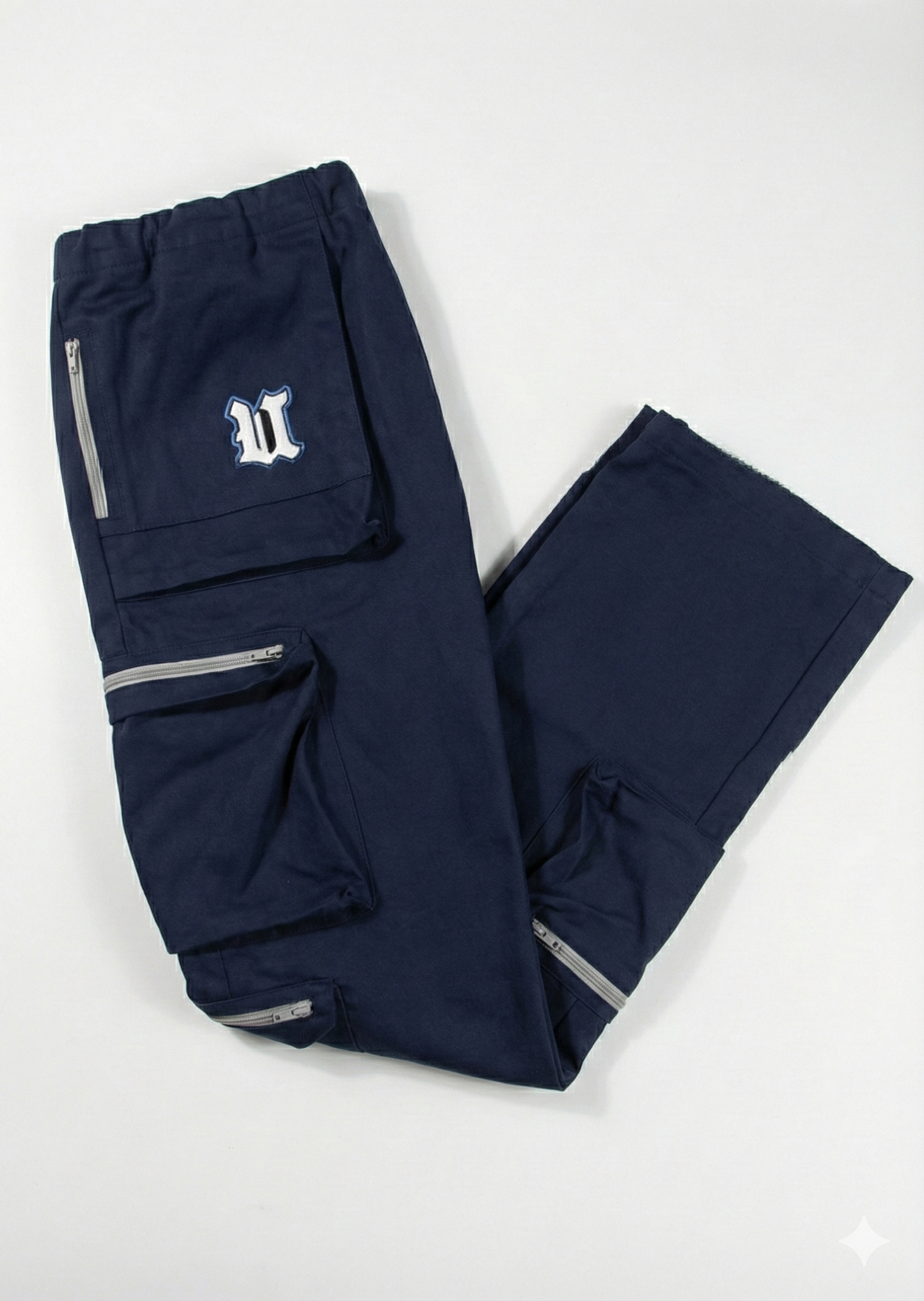 Navy blue pants with a logo on a white background