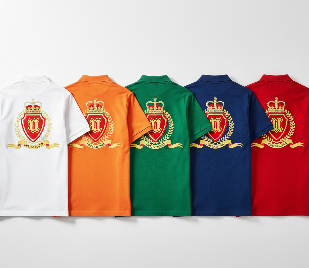 Five polo shirts in white, orange, green, blue, and red with a central emblem on the chest.
