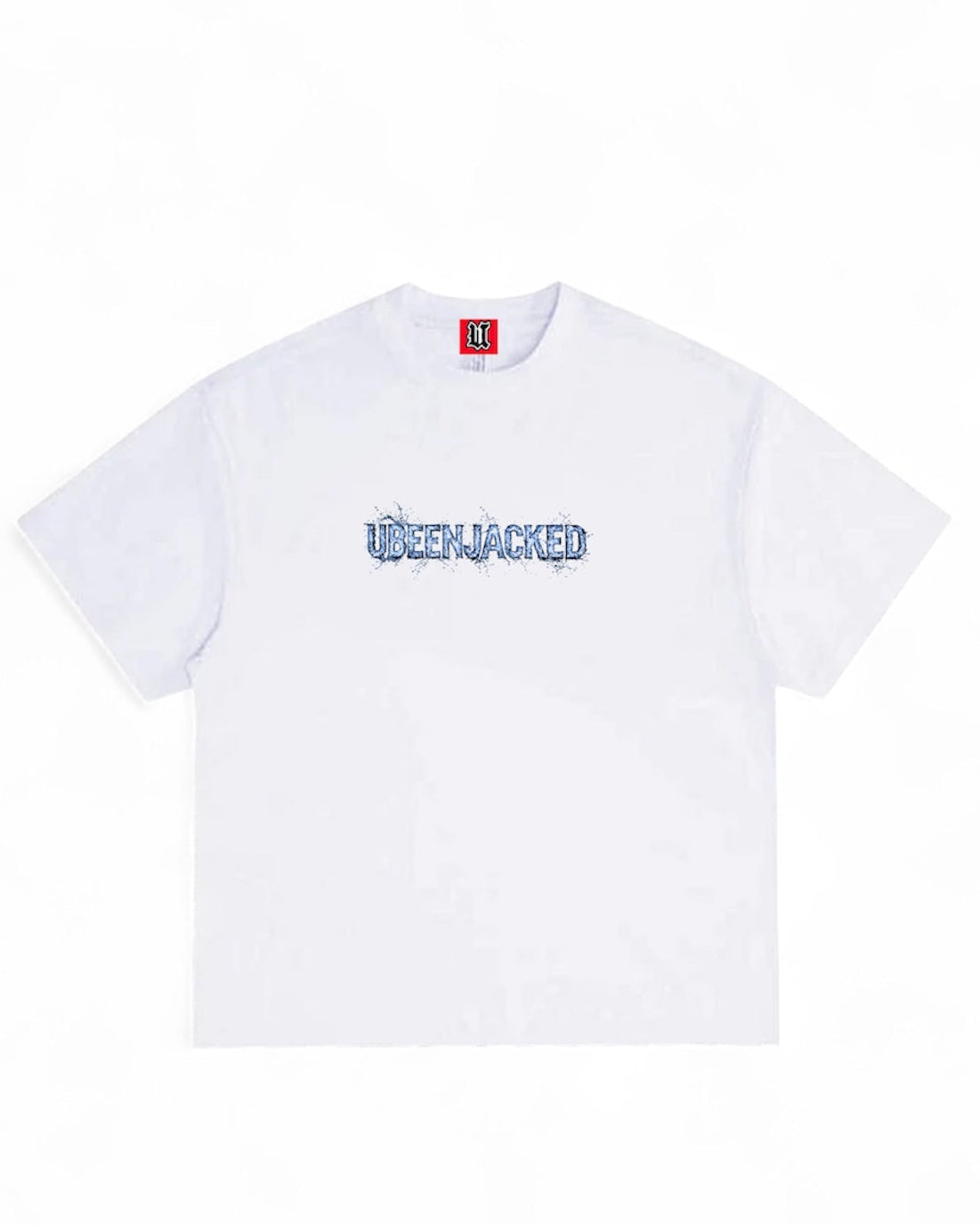 White t-shirt with a logo on a white background