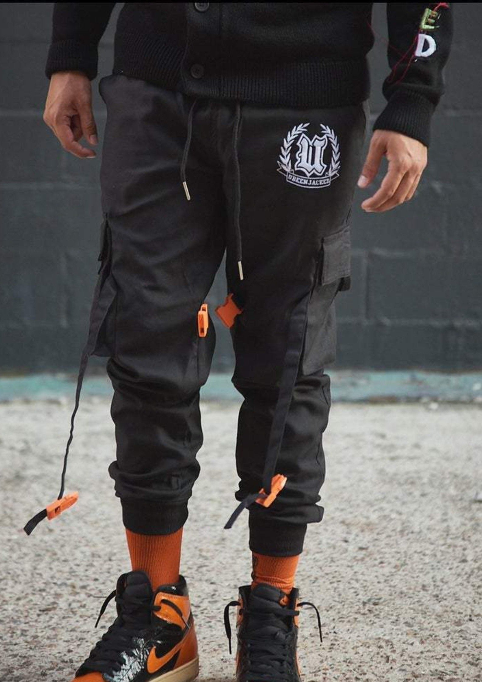 Front View Black Cargo Pants Black Buckles on Model